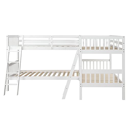 jurmiture L Shaped Quad Bunk Bed, Twin Over Twin Wood Bunk Frame for 4 with Ladder and Guardrails, White jurmiture