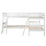jurmiture L Shaped Quad Bunk Bed, Twin Over Twin Wood Bunk Frame for 4 with Ladder and Guardrails, White jurmiture