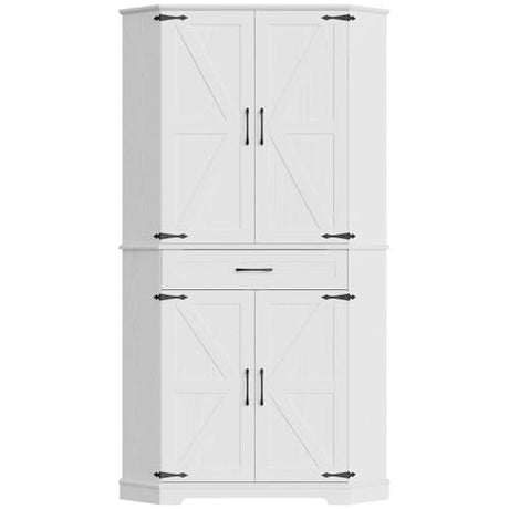 IRONCK 72" Corner Cabinet, Kitchen Pantry Storage Cabinet with Drawer, Spacious Farmhouse Pantry with 3 Adjustable Shelves, 2 Doors Storage, for Kitchen, White IRONCK