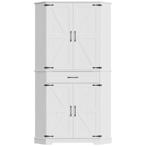 IRONCK Corner Cabinet with Drawer, 72" Kitchen Pantry Cabinet, 5-Tier Farmhouse Pantry with 3 Adjustable Shelves, 2 Doors Storage, Spacious Hutch for Kitchen, Living Room, White IRONCK