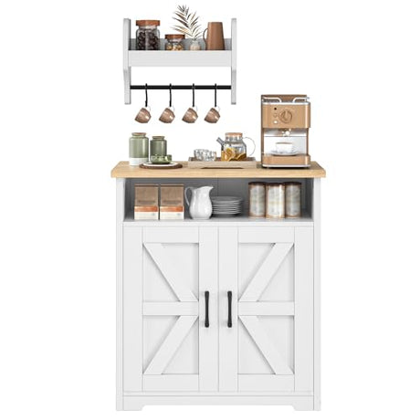 YATINEY Coffee Bar Cabinet, Kitchen Island with Storage, Farmhouse Sideboard Buffet Cabinet with Dual-Purpose Floating Shelf and Hooks, for Kitchen Living Room, White and Natural KF22WN YATINEY