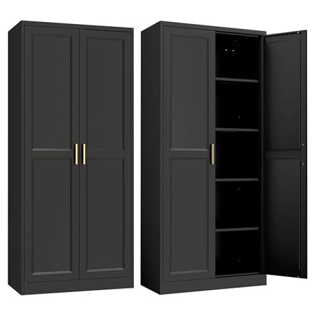 SteeLoong Kitchen Pantry Cabinet,71”Black Metal Pantry Storage Cabinet with Doors and 4 Adjustable Shelves,Kitchen Cabinet with 2 Gold Handles,Tall Cabinet for Livingroom,Pantry, Bathroom SteeLoong