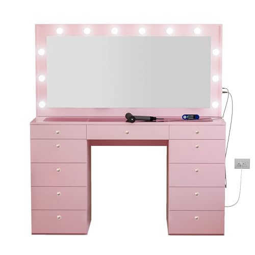 Boahaus Orla Extra-Large Makeup Vanity Desk with Hollywood Lights, 11 Drawers, Hair Dryer Hanger, USB Type-C & Type-A, Power Outlet for Beauty Tools, Glass Top, Crystal Knobs – Premium Pink Finish Boahaus