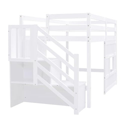 Bellemave Twin Size Low Loft Bed for Kids,Twin Loft Bed with Storage Staircase and Window,Wooden Bed Frame for Teens, Boys, Girls(White)