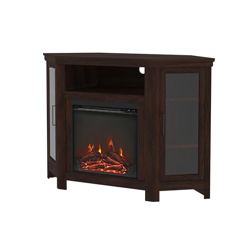 Walker Edison Alcott Classic Glass Door Fireplace Corner TV Stand for TVs up to 55 Inches, 48 Inch, Traditional Brown