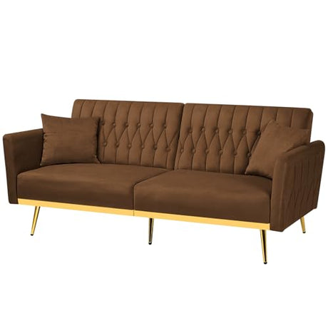 ACMEASE 70” Velvet Futon Sofa Bed with 2 Pillows and Adjustable Armrests, Convertible Sleeper Bed W/Adjustable Backrests, Modern Loveseat for Living Room, Bedroom, Brown ACMEASE