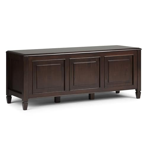 SIMPLIHOME Connaught SOLID WOOD 51 inch Wide Storage Bench Trunk with Safty Hinge, Multifunctional Traditional in Dark Chestnut Brown - WoodArtSupply