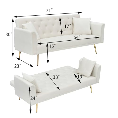 71" Modern Velvet Sofa Bed Futon, Convertible Sleeper Couch with Adjustable Backrest, Tufted Recliner Loveseat with Golden Chrome Legs & 2 Pillows for Small Spaces, Living Room, Apartment (Beige) Generic