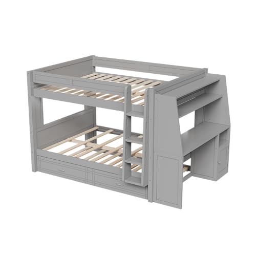 CKLMMC Full Size Multifunctional Bunk Bed with Desk and Bookshelves, Trundle, Space-Saving Wooden Bunk Bed for Kids & Teens (Gray/T) CKLMMC