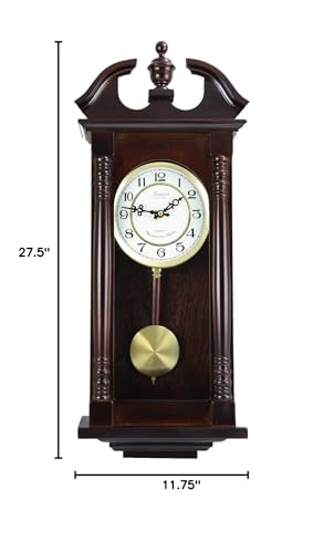 Bedford Clock Collection Classic Chiming Wall Clock with Swinging Pendulum in Cherry Oak Finish, 4.75" L x 11.75" W x 27.50" H Bedford Clock Collection