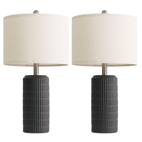 PoKat 23" Matte-Textured Ceramic Table Lamps Set of 2 for Bedroom, Stone-Like Modern Bedside Lamps for Night Stands, Farmhouse Nightstand Table Lamps Decor for Living Room End Table Black PoKat