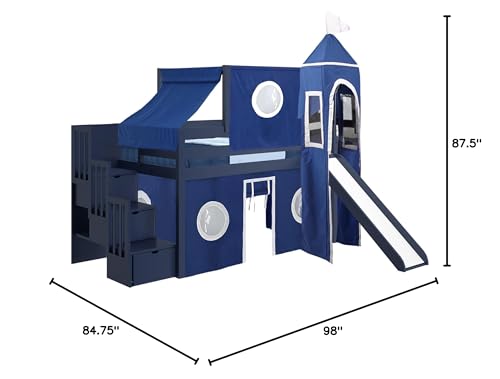 JACKPOT! Castle Stairway Low Loft Bed with 3 Drawers, Slide, Blue and White Tent and Tower, Twin, Blue