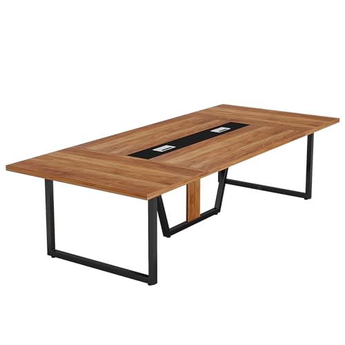 LITTLE TREE 8FT Conference Table for 10 People, Large Meeting Table, Modern Conference Room Table with Cable Management, Training Table with Strong Metal Legs for Office, Brown - WoodArtSupply