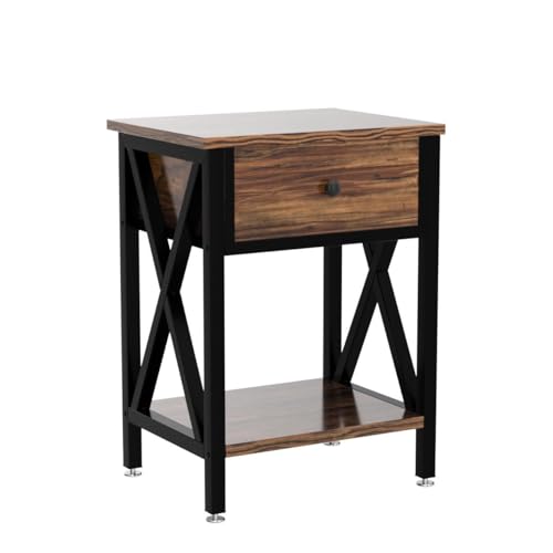 VECELO Modern Versatile Nightstands X-Design Side End Table Night Stand Storage Shelf with Bin Drawer for Living Room Bedroom, Set of 2 (Brown) VECELO