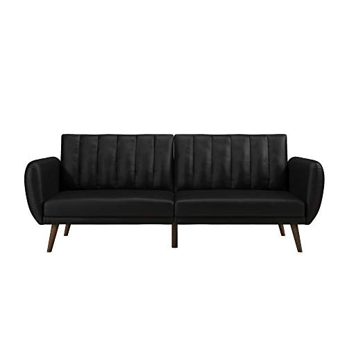 Novogratz Brittany 82 Inch Futon Sofa Bed in Faux Leather, Upholstered Couch Sleeper with Tufted Back, Mid-Century Modern, Black Novogratz