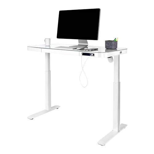 Seville Classics Airlift Electric Height Adjustable Desk with Tempered Glass Top, USB Charging Ergonomic Sit Stand Modern Home Office Workstation, - WoodArtSupply