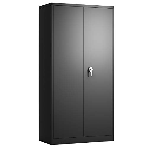 Generic Metal Storage Cabinet,Steel Storage Cabinet with 2 Doors and 4 Adjustable Shelves,Black Metal Cabinet with Lock,72"" Tall Steel - WoodArtSupply