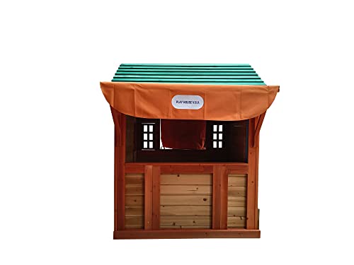 Outdoor Playhouse for Age 3-8 Years Boy Girl, Wooden Cottage Playhouse with 4 Game Awning Window, Ball Wall & Tetris. Play House for Outdoor Garden,