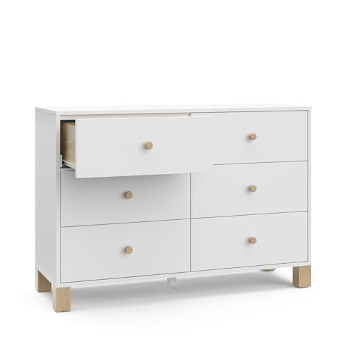 Storkcraft California 6-Drawer Double Dresser (White with Driftwood) - GREENGUARD Gold Certified, Interlocking Drawer System, Dresser Drawer Organizer for Kids Bedroom Storkcraft