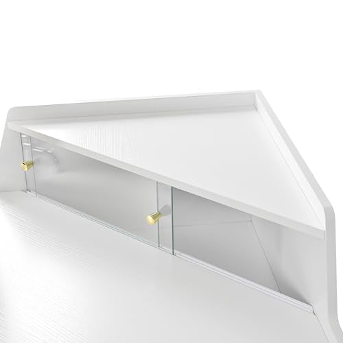 Merax Corner Small Vanity Desk with Mirror and Lights, 44.09" L Makeup Vanity Set with Stool, Dressing Table with Sliding Glass Door, Drawer and Display Shelf, White Merax