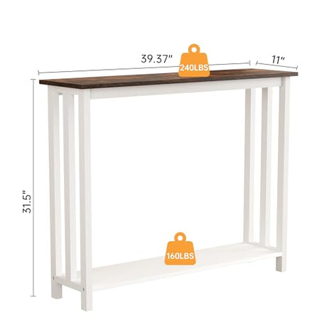 Acovy Farmhouse Solid Wood Console Table, 2 Tier Entryway Table with Storage Shelves, Narrow Sofa Table for Living Room, Hallway, Foyer, Entryway, Rustic White Acovy