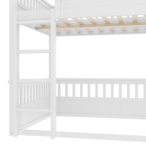 Bellemave Full Over Full Bunk Bed for Kids/Adults,Floor Bunk Beds with Inclined Ladder,Solid Wood Low Bunk Bed for Teens,Girls,Boys,Detachable,White Bellemave