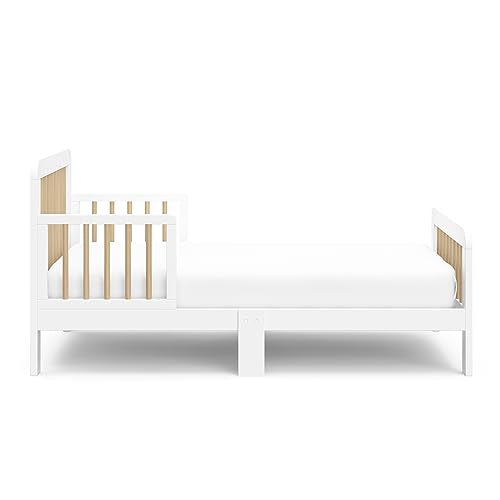 Storkcraft Pasadena Toddler Bed (White with Driftwood) - GREENGUARD Gold Certified, Fits Standard Full-Size Crib & Toddler Mattress, Toddler Safety Guardrails Included, Complete Design with Footboard