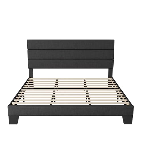 ROOMTEC Dark Grey Upholstered Full Size Platform Bed Frame with Adjustable Headboard and Wooden Slats Support - WoodArtSupply