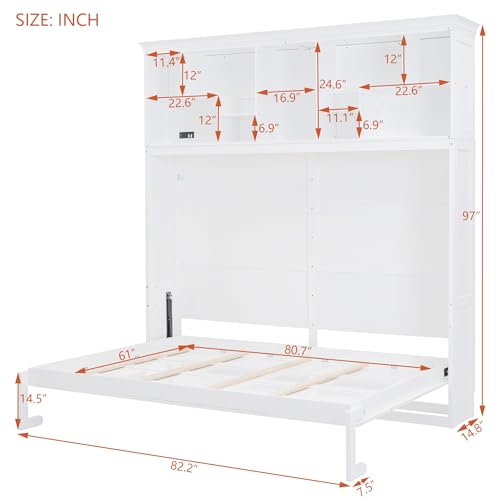 Merax Modern Farmhouse Solid Wood Murphy Cabinet Bed with Top Shelves & USB Charging, Tall Wall Platform Bed No Box Spring Needed/Easy Assemble Queen,White Merax