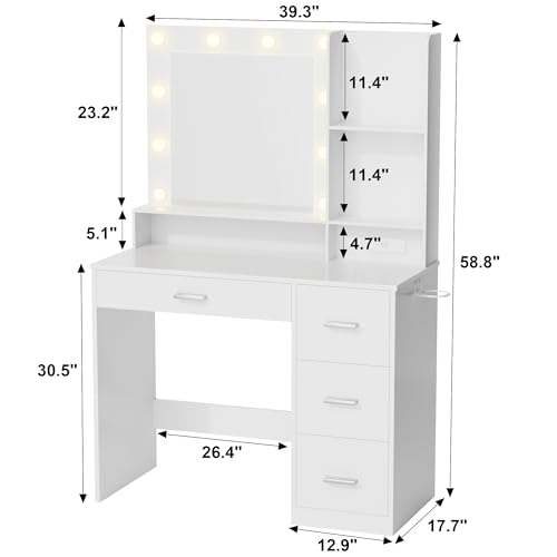 Furmax Vanity Desk with LED Lighted Mirror&Power Outlet, 39.3’’ Makeup Vanity Table with 4 Drawers and 3 Storage Shelves, Adjustable 3 Lighting Color for Bedroom&Dressing Room (White)