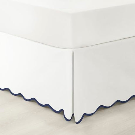 Lush Decor Coastal Chic Scalloped Edge Linen-Textured Bed Skirt Single, King Navy & White - White Bed Skirt King Size - Coastal Decor - Wrap Around Bed Skirt Lush Decor