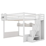 Merax Queen Size Wood Loft Bed with Wardrobe and Staircas, Storage Shelves, Floor Multifunction Bunk Bed with Full Length Gardrails, Space Saving,White Merax