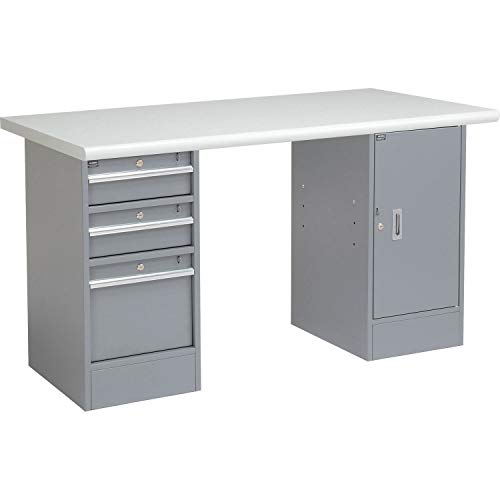 Global Industrial Pedestal Workbench W/ 3 Drawers & 1 Cabinet, Plastic Laminate Safety Edge, 60" W x 30" D, Gray Global Industrial