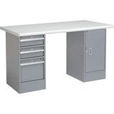 Global Industrial Pedestal Workbench W/ 3 Drawers & 1 Cabinet, Plastic Laminate Safety Edge, 60" W x 30" D, Gray Global Industrial