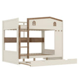 Bellemave Queen Over Queen Bunk Bed with Trundle & Hooks, Wooden Floor Bunk Beds Frame with Storage Shelves & Ladder for Kids Teens, Beige+Natural Bellemave