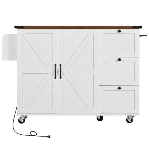 YOPTO Farmhouse Kitchen Island with Power Outlet,Kitchen Storage Island W/Internal Storage Rack,Drop Leaf,Spice Rack,Rolling Kitchen Cart on Wheels for Home,Kitchen and Dining Room,White,54.5"