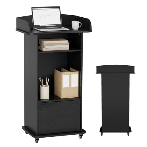 Qriocioa Podium Stand with Metal Wheels Wooden Lectern Podium Stand Portable Pulpit Standing with Storage Mobile Reception Podiums Desk for Church Office School Conference Restaurant Meeting, Black