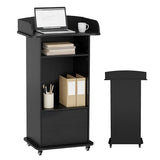 Qriocioa Podium Stand with Metal Wheels Wooden Lectern Podium Stand Portable Pulpit Standing with Storage Mobile Reception Podiums Desk for Church Office School Conference Restaurant Meeting, Black