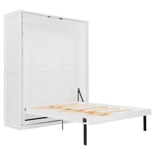SOFTSEA Queen Murphy Bed with Rotating Frame, Storage Shelves, Foldable Wall Bed Frame with Bookcase, Hidden Murphy Bed Cabinet for Home Office, Guest Room, Space-Saving, White SOFTSEA