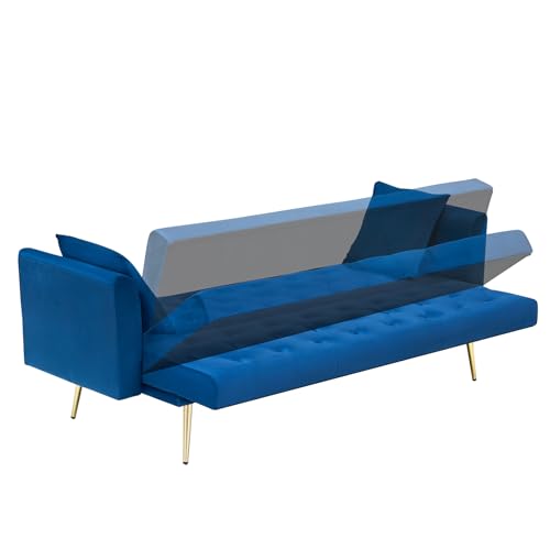 71" Modern Velvet Sofa Bed Futon, Convertible Sleeper Couch with Adjustable Backrest, Tufted Recliner Loveseat with Golden Chrome Legs & 2 Pillows for Small Spaces, Living Room, Apartment (Blue) Generic