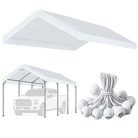 10'x20' Upgraded Carport Replacement Top Canopy Cover for Car Garage Shelter Tent Party Tent with Ball Bungees White (Only Top Cover, Frame is not Included) Vanteriam