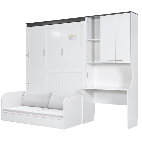 Merax Queen Size Wood Murphy Bed with Upholstered Sofa & Desk, Multifunctional Foldable Wall Platform Bed for Guest-Room, Bedroom, Space Saving, White+ Gray Merax