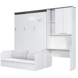 Merax Queen Size Wood Murphy Bed with Upholstered Sofa & Desk, Multifunctional Foldable Wall Platform Bed for Guest-Room, Bedroom, Space Saving, White+ Gray Merax