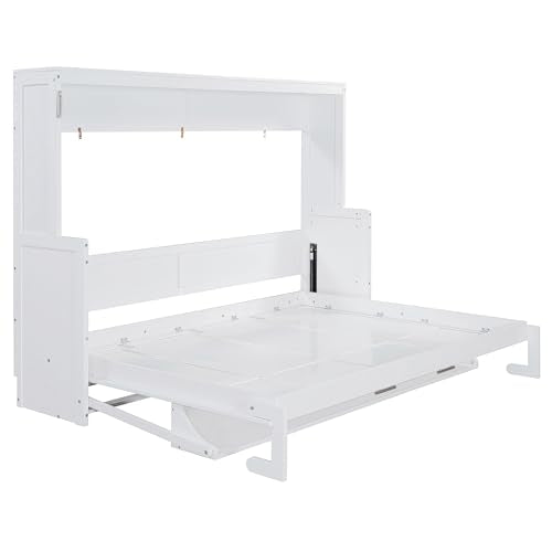 Queen Size Murphy Bed with Desk,Solid Wood Cabinet Wall Bed with Hydraulic Design,Space-Saving Folding Beds for Small Apartment Guest Room Home Office,No Box Spring Needed,White Harper & Bright Designs