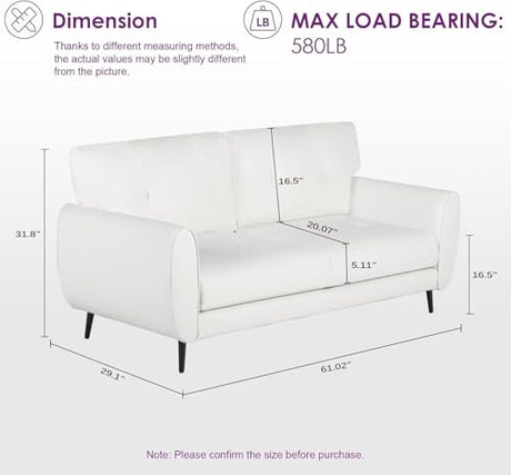 TYBOATLE 61" Loveseat Couches for Living Room, White Faux Leather Couch Mid Century Modern Tufted Mini Sofa Comfy Office 2 Seat Settee Love Seat Small Couches for Small Spaces Bedroom, White TYBOATLE
