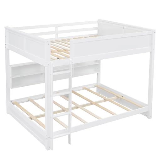 Ball & Cast Queen Over Queen Bunk Bed with 6 Storage Cabinets and USB Ports,Wooden Bedframe w/Ladder & Guardrails,Space Saving,Solid Wood Slats Support,for Student Dorms,Guest Rooms,White Ball & Cast