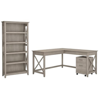 Bush Furniture Key West 60W L Shaped Desk Set with Mobile File Cabinet & Tall Bookcase in Washed Gray