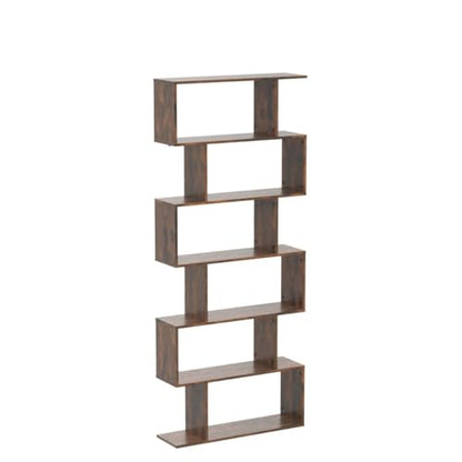 Tangkula 6-Tier S-Shaped Bookshelf - Stylish Rustic Brown Wooden Bookcase with Anti-Toppling Device