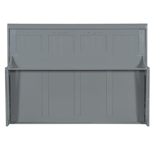 Merax Murphy Bed Full Size with Desk, Wood Folding Wall Bedframe with Smooth Hydraulic Lift, for Small Bedroom, Guest Room, Home Office, Grey Merax