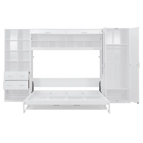 SOFTSEA Queen Size Horizontal Murphy Bed with Desk, Folding Murphy Bed Cabinet with Storage Wardrobe Drawers and Shelves, Hidden Wall Bed Frame for Guest Room, Bedroom, Office, White SOFTSEA